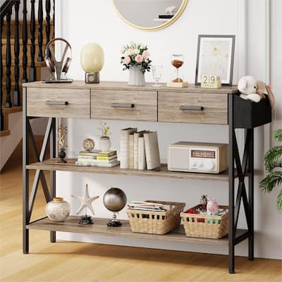 47" Console Table with 3 Tier Storage Shelves, Industrial Entryway Table with 3 Drawers