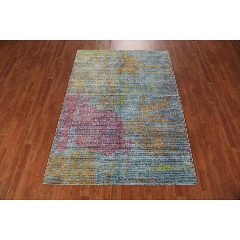 Contemporary Abstract Indian Rug Hand-Knotted Wool Carpet - 4'9"x 6'10"