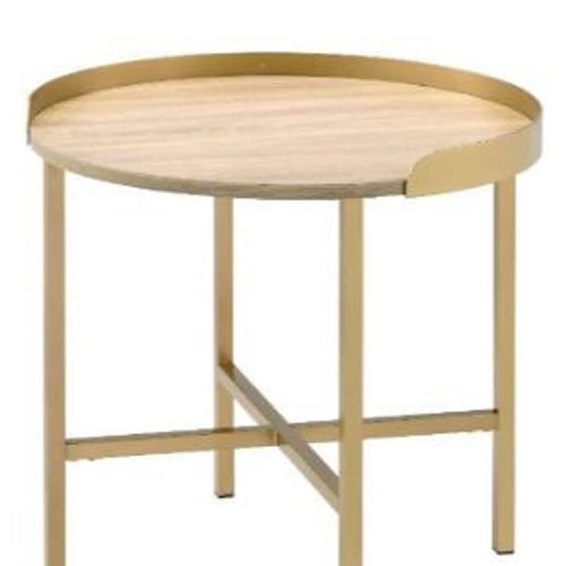 HomeRoots 22" Gold And Oak Manufactured Wood And Metal Round End Table - 22' X '22' X '22