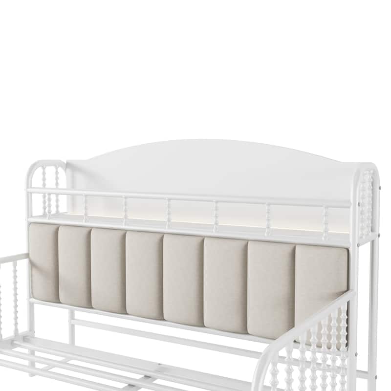 Kids Platform Bed Metal Frame with Linen Fabric Upholstered Storage Headboard Built-in Light Strip, Both Sides Rails