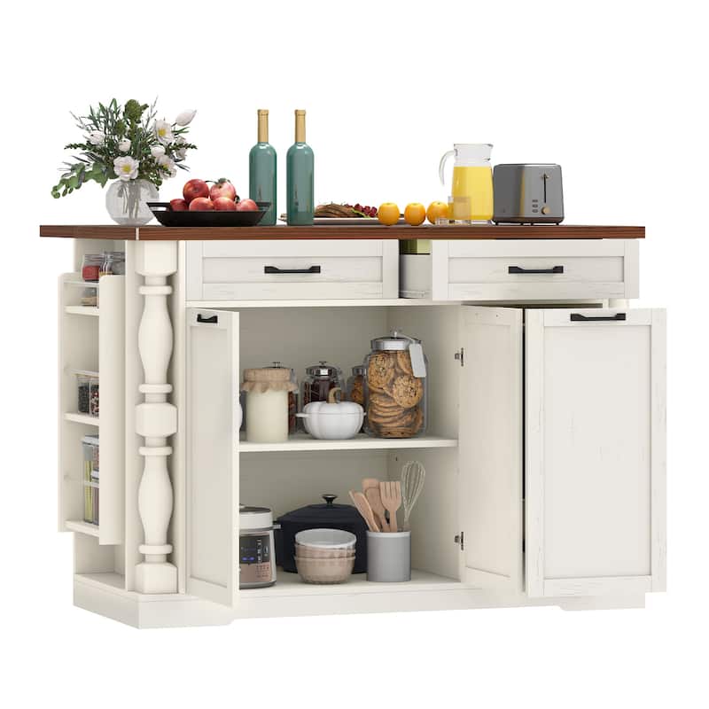 Moasis 47.6 inch Mobile Kitchen Island with Drop Leaf and Power Outlet&Pull-Out Trash Can Storage