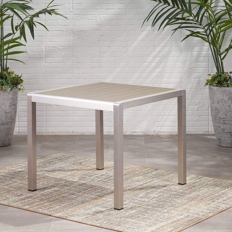 Roomfitters Outdoor Square Dining Table with Slatted Faux Wood Top and Rust Resistant Aluminum Frame, Grey