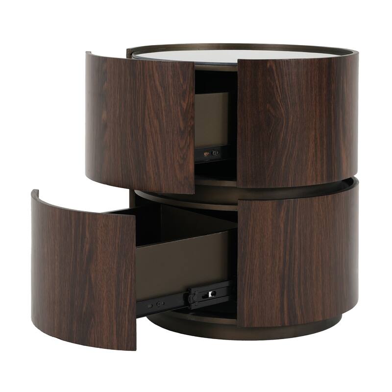 MDF Italian High-Grade Double-Layer Storage Round Side Table, Brown and Black Color