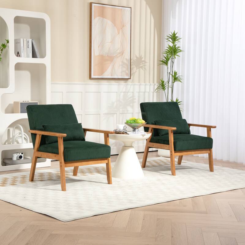 Velvet fabric armchair Solid wood frame leisure chair for the living room bedroom a set of two - Green