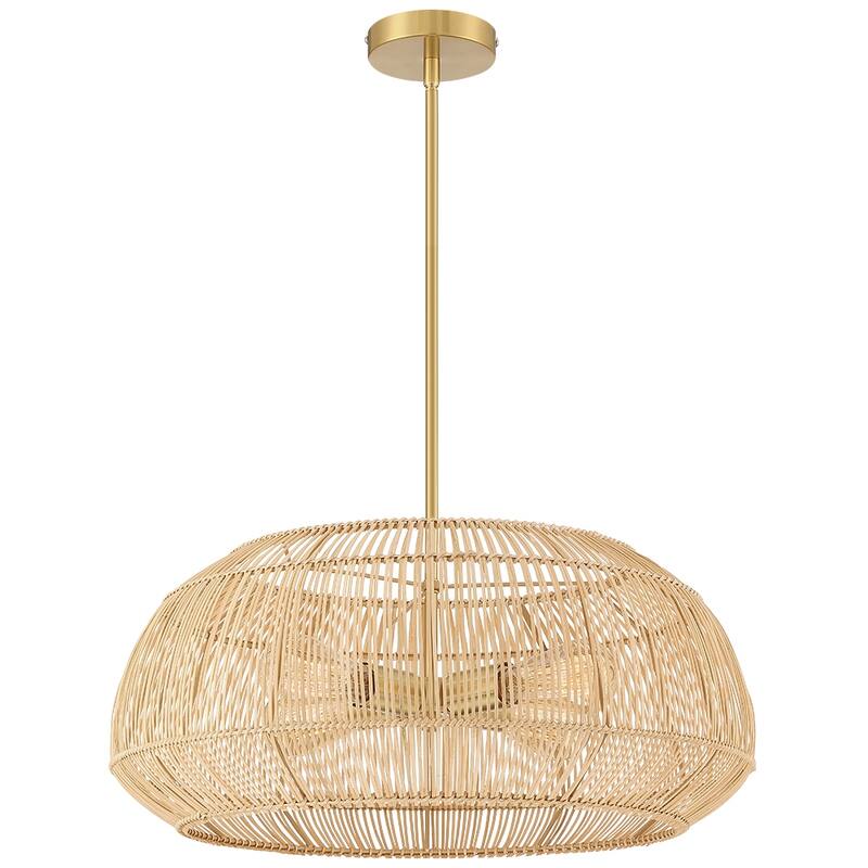 4 - Light Rattan Pendant Chandelier with Brass Canopy - 22 in