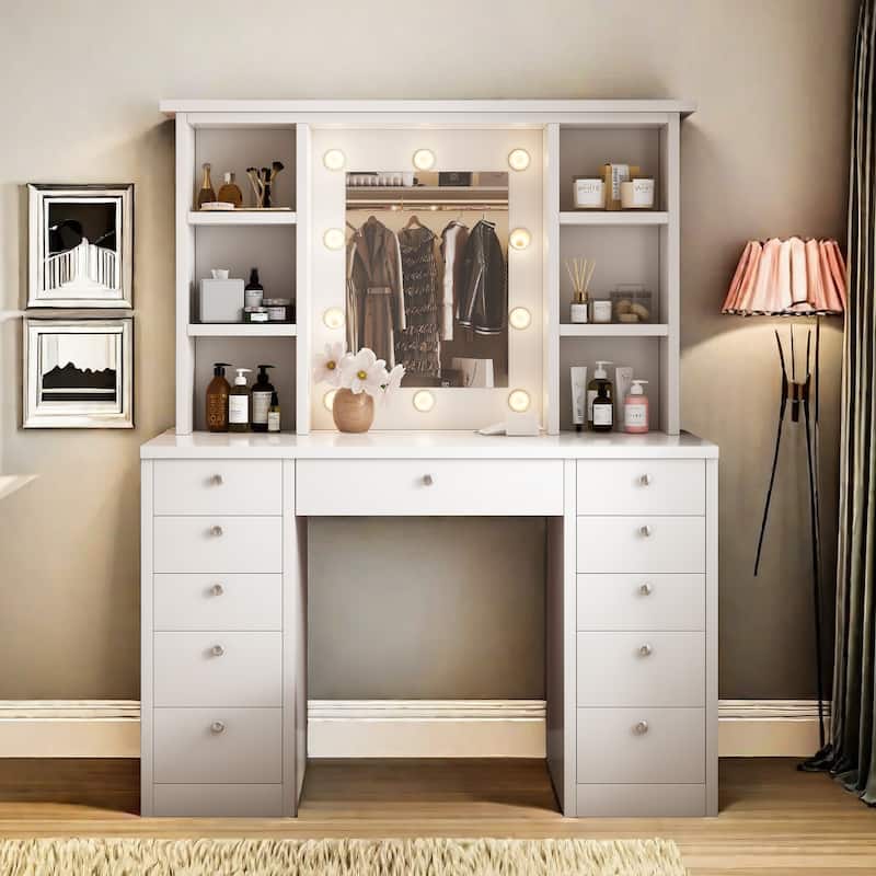 Vanity Desk with LED Lighted Mirror, Vanity Table Set with Drawers and Open Shelves, Makeup Table with 3 Lighting Modes - White