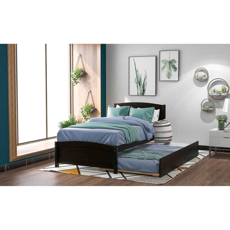 Twin Size Espresso Wood Platform Bed with Trundle, Minimalistic Design, Solid Pine Construction