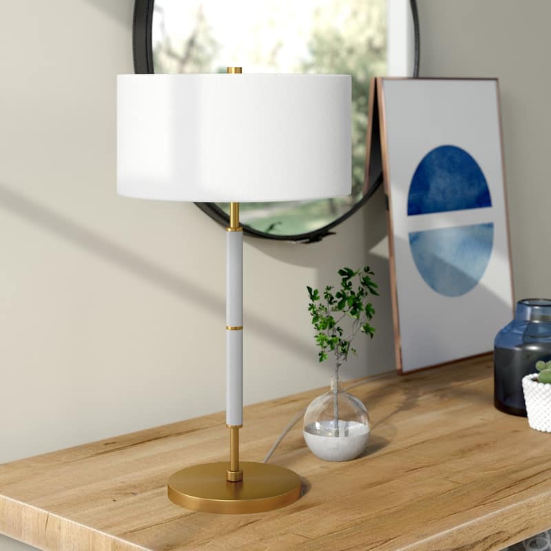 25-Inch Industrial Modern Table Lamp with Integrated LED Metal Base & Fabric Shade - 14" x 14" x 25"