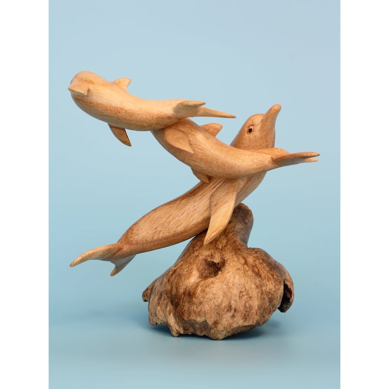 Wooden Hand Carved 3 Dolphins Statue Sculpture Wood Decorative Home Decor Accent Figurine Handcrafted Handmade Tropical Nauti