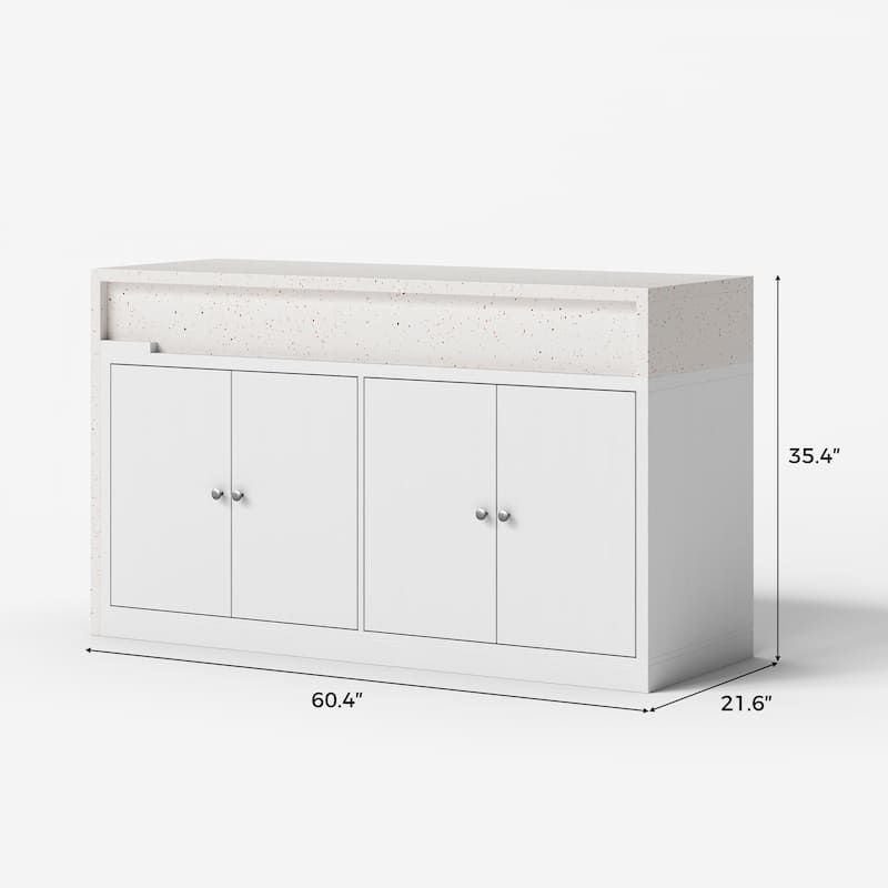 Modern Kitchen Island with Pull-Out Faux Marble Top, White Storage Cabinet with Large Capacity Shelves Kitchen Dining Table