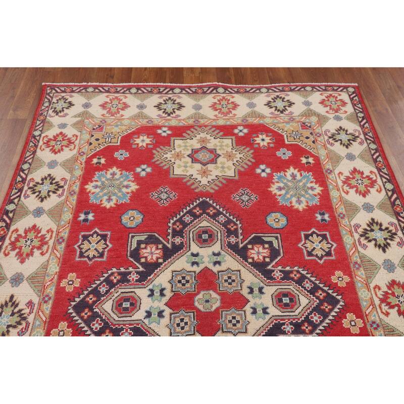 Geometric Kazak Area Rug Handmade Oriental Red Wool Carpet - 4'9" x 6'9"