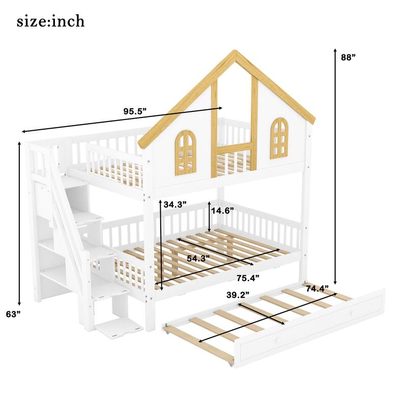 GDFStudio -DreamCottage Modern Wooden House Roof Bunk Bed with Storage Drawers and Staircase