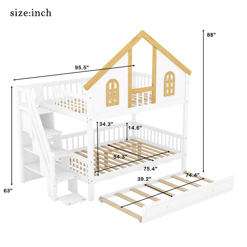 Wooden House Roof Bunk Bed with Trundle & Storage Staircase by Harper&Bright Designs