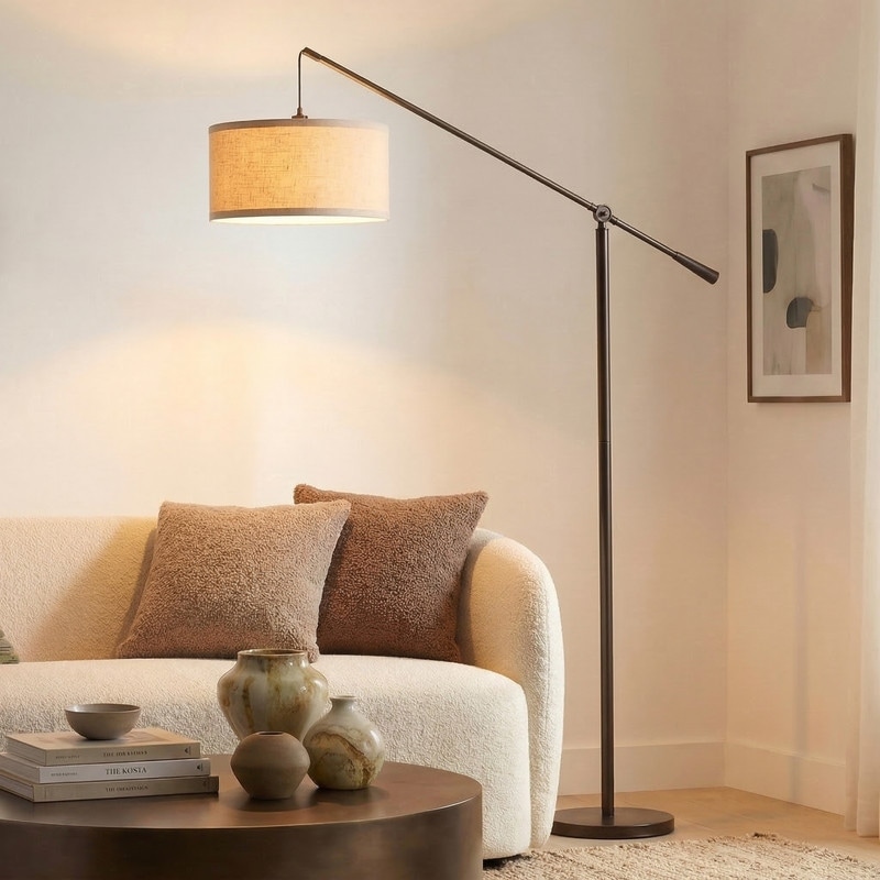Brightech Hudson 2 70 in. Oil Brushed Bronze Modern Height Adjustable LED Floor Lamp with Beige Fabric Drum Shade