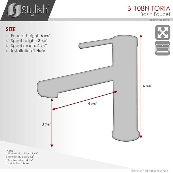 dimension image slide 0 of 3, STYLISH Single Handle Modern Bathroom Basin Sink Faucet in Stainless Steel - Faucet Height: 6 3/8" Spout Height: 3 7/8"