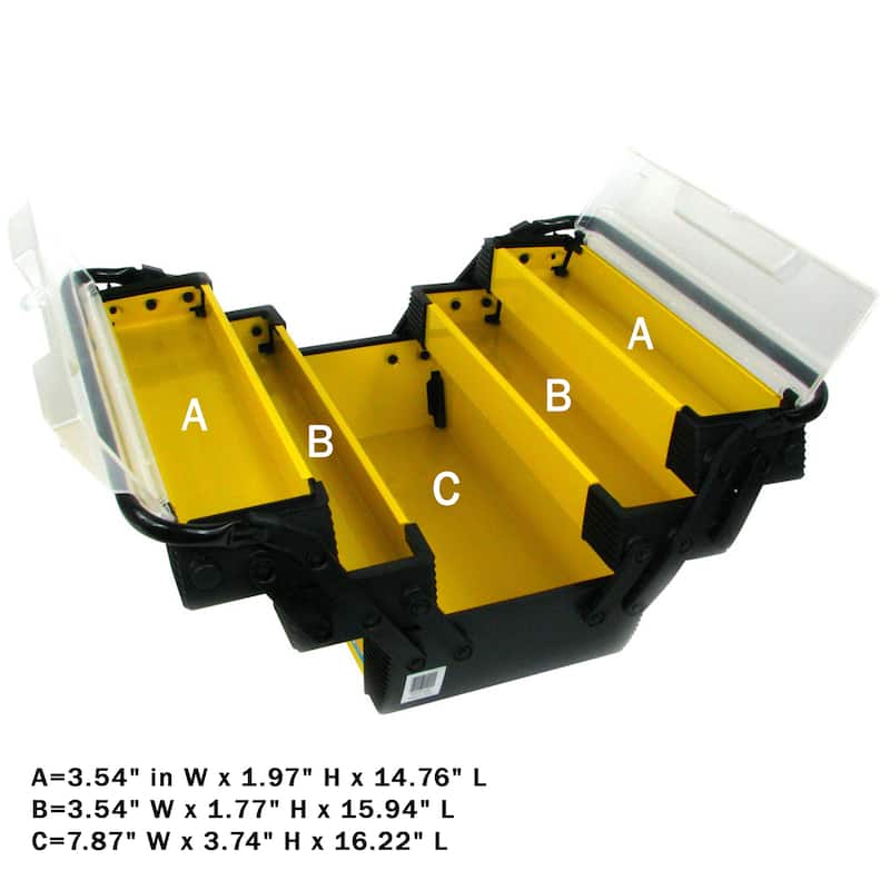 Portable Tool Box - Rugged Plastic Tacklebox with 3 Tiers of Trays, 5 Compartments for Tools and Parts by Stalwart (Yellow)