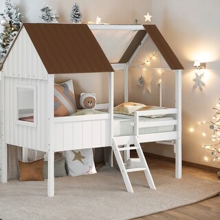 Twin Size Low Loft Wood House Bed with Two Side Windows - Bed Bath ...