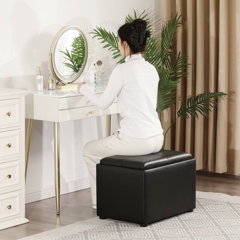 Adeco Faux Leather Rectangle Storage Ottoman with Reversible Tray