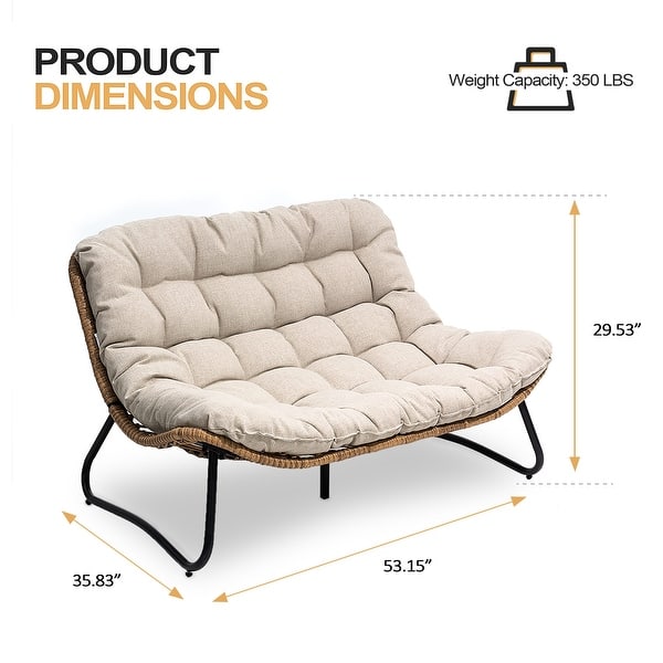 dimension image slide 2 of 6, Double Papasan Chair Loveseat with Cushion, All-weather PE Rattan and Metal Frame for Indoor Outdoor