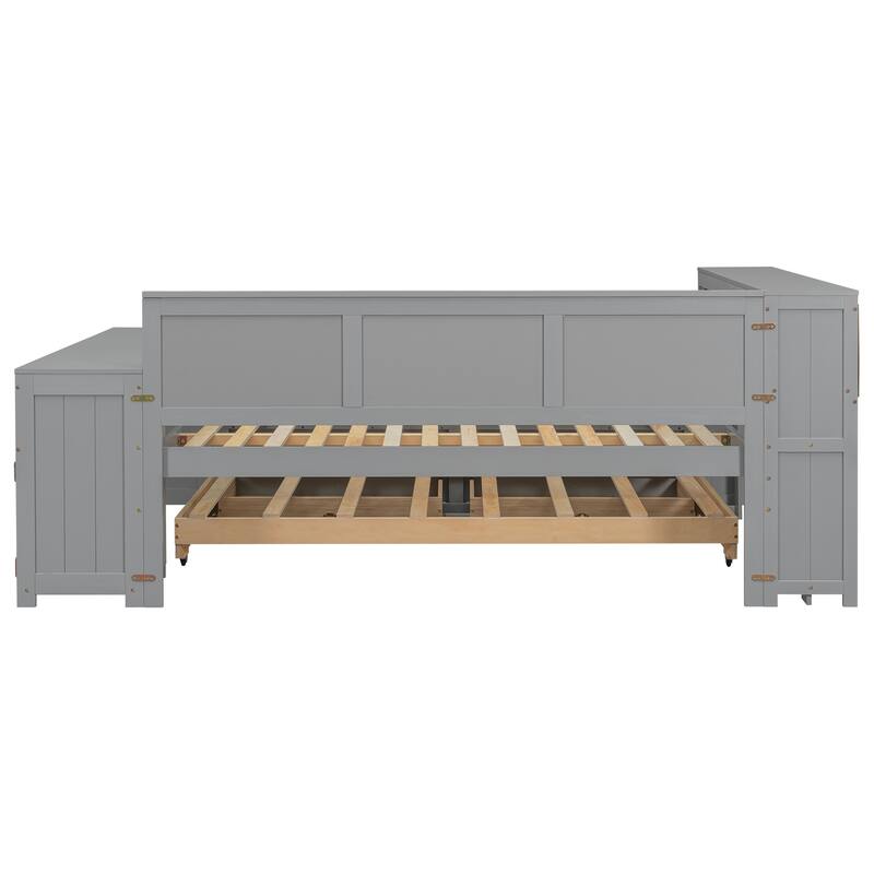 Bookcase Storage Bed, Full Size Daybed with Storage Shelves, Drawers, Trundle, Charging Station, Light, Desk and Cabinet