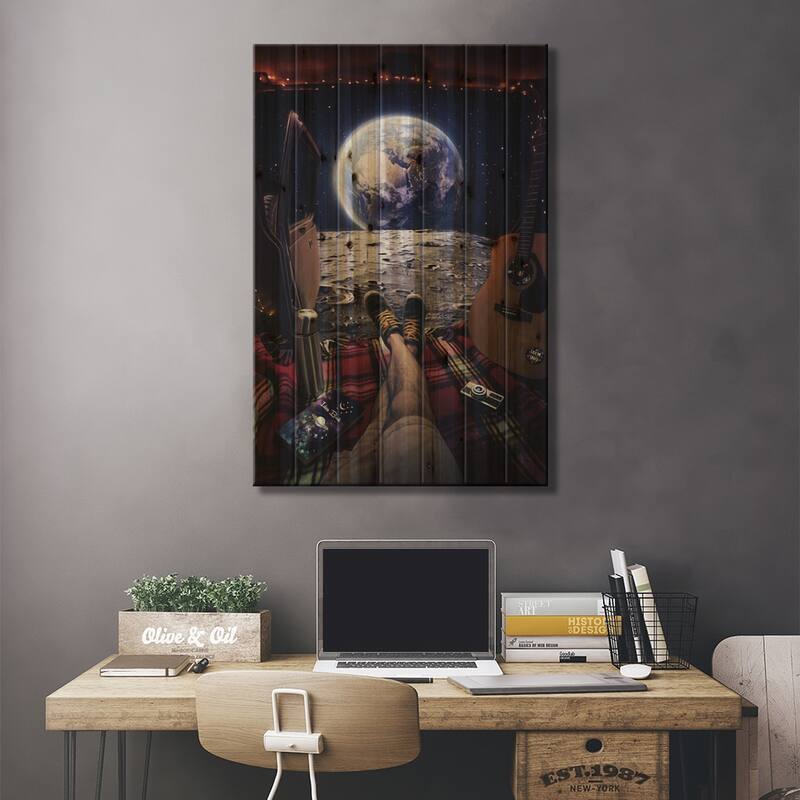 Gabriel In Van On The Moon Look At Planet Earth Print On Wood by GEN Z - Multi-Color