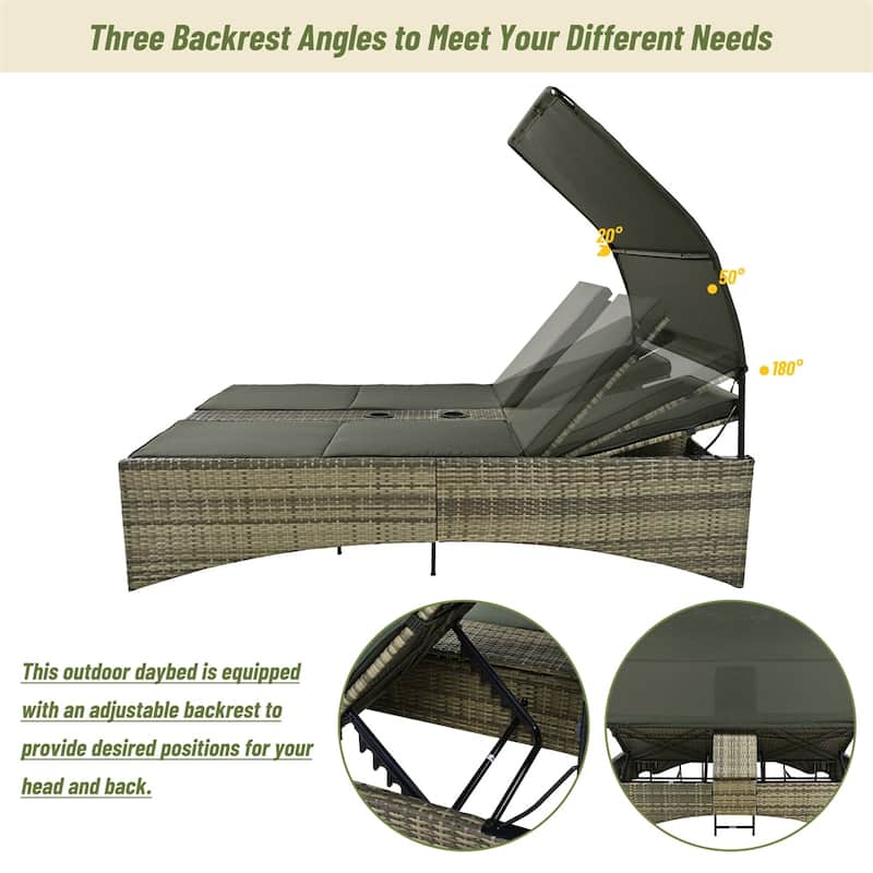 Outdoor Rattan Sun Daybed with Shelter Roof with Adjustable Backrest
