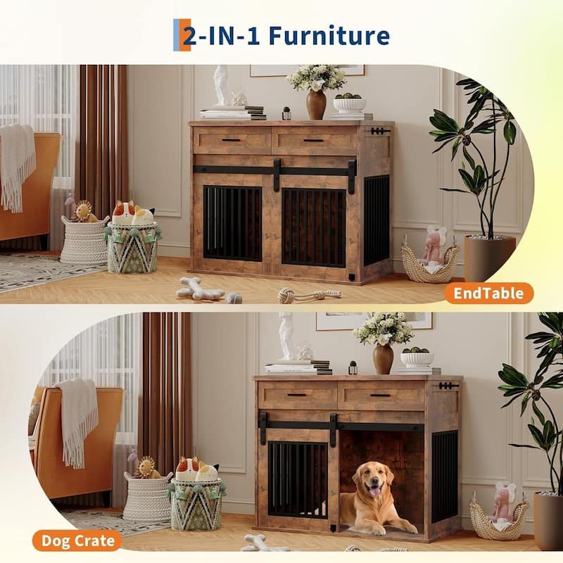 44.5" Dog Crate Furniture, Pet Kennel with Storage Drawer for Medium/ Small Dogs