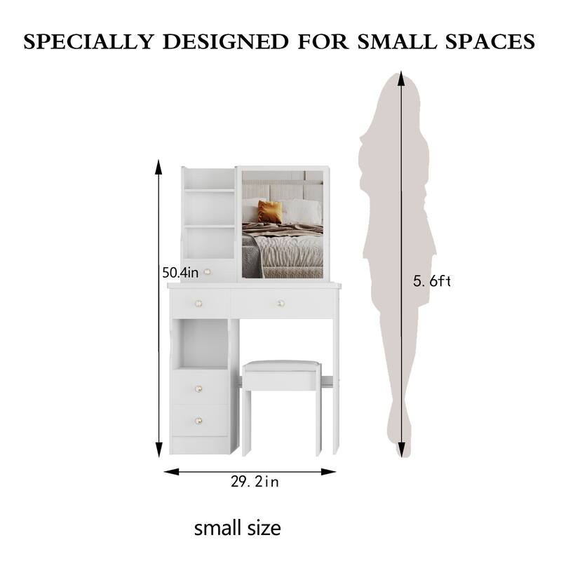 29.2" Compact Left-Drawer Vanity Set with Cushioned Stool and Sliding Mirror