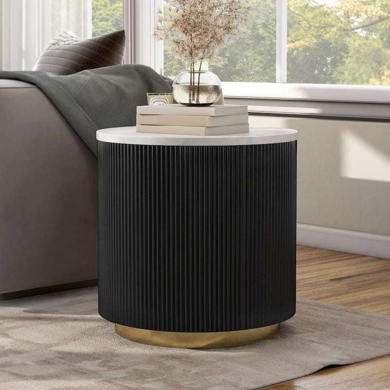 Furniture of America Torin Modern White and Black Genuine Marble Top Round End Table - Black