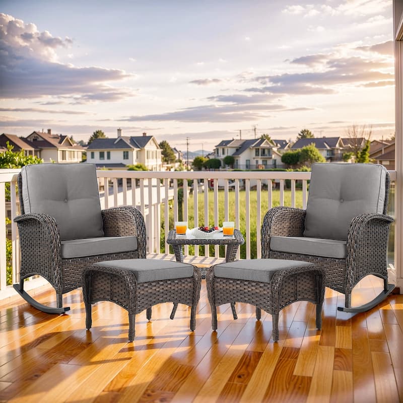 PE Wicker Ottoman with Rocking Chair Table - Brown - Grey - Brown