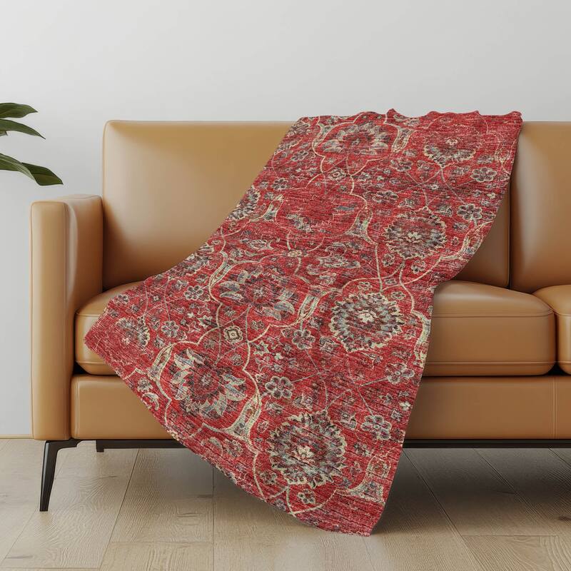 Premium Machine Washable ASB95 Traditional Persian Sherpa Throw Blanket - Red - 4'2" x 5'10"