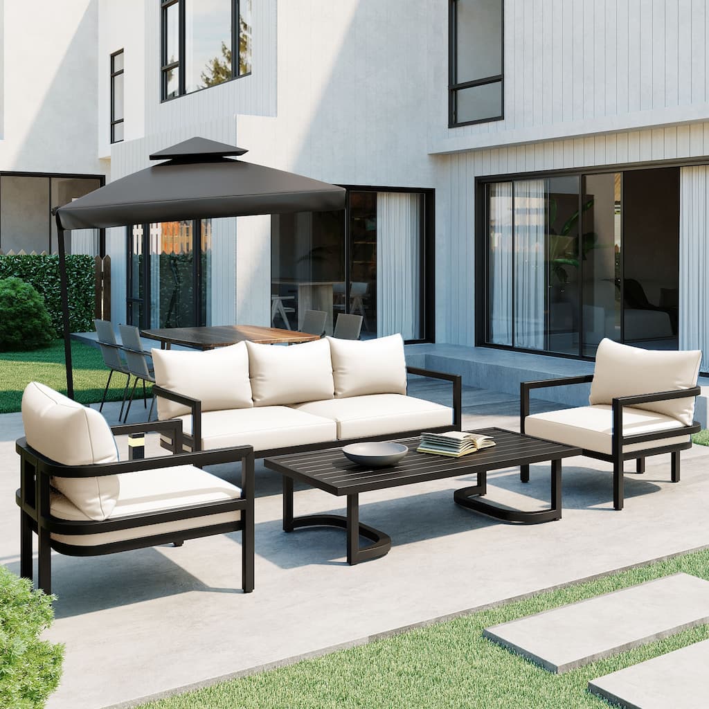 Roomfitters 4-Piece Outdoor Steel Sofa Set with Coffee Table, 3-Seater Couch and 2 Armchairs for Patio Garden