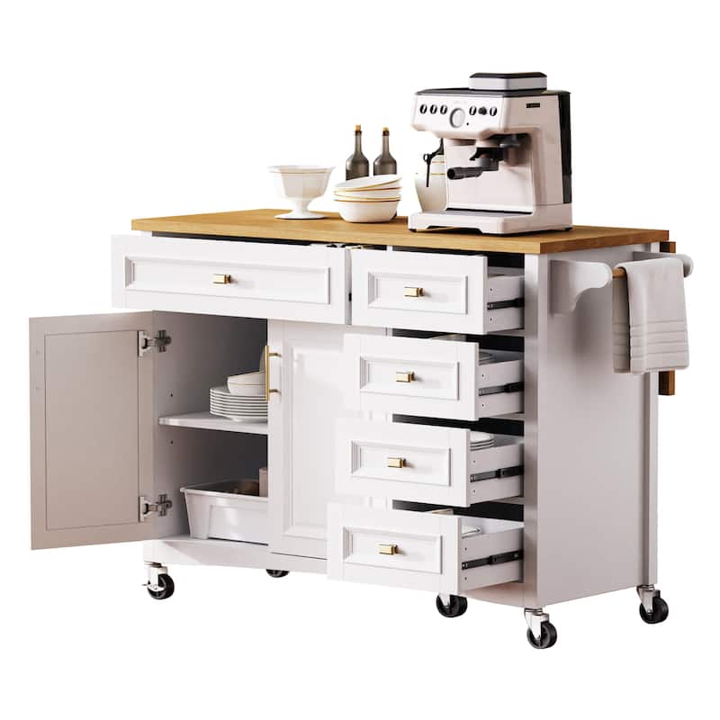 52'' Kitchen Island with Drop Leaf, Embossed Texture Kitchen Island on Wheels with Spice Rack, Towel Rack, 2 Doors and 5 Drawers
