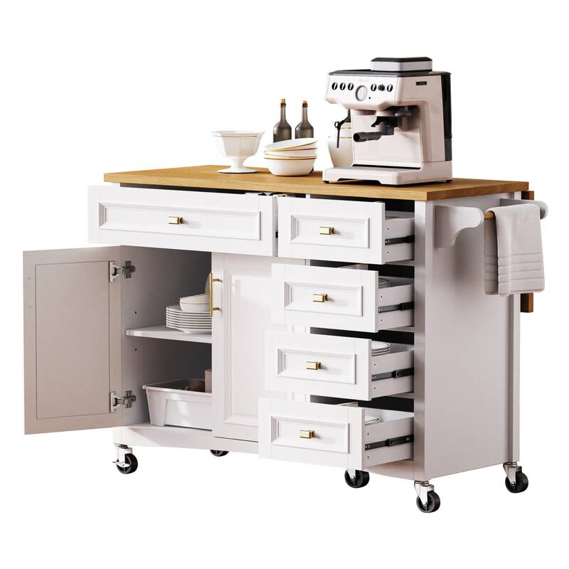 Kitchen Island with Drop Leaf, Adjustable Shelf, Embossed Texture Rolling Storage Cabinet w/Spice Rack & Towel Rack for Kitchen