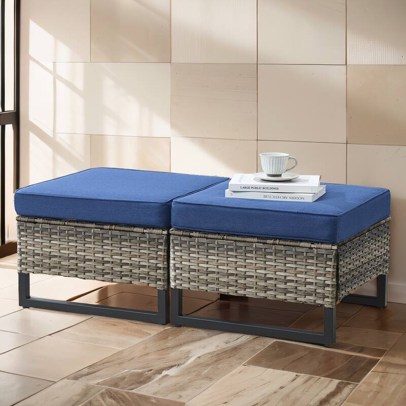 Gymojoy Outdoor Wicker Ottomans with Olefin Cushions