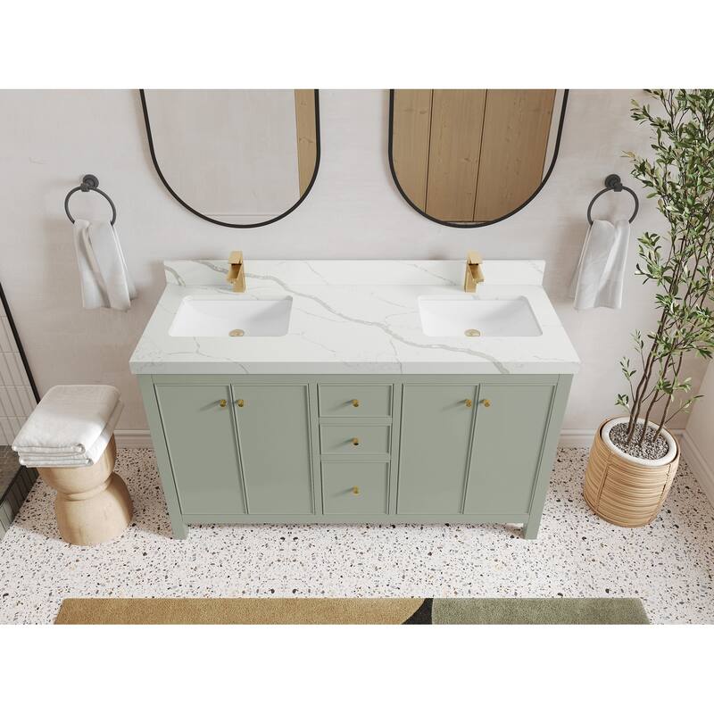 Willow Collections 60 in. W x 22 in. D Chicago Double Sink Bathroom Vanity with Countertop - 2”Calacatta Laza - Evergreen