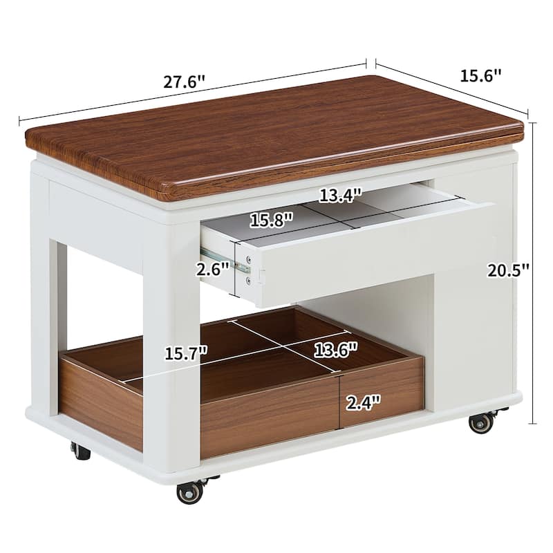 27.6" Modern Coffee Table with Foldable Top & Casters, Multi-Tier Storage Side Table for Living Room