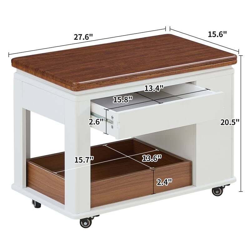 27.6" Modern Multi-Function Coffee Table/Side Table with Foldable Top & Casters, Multi-tier storage