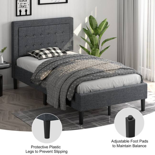 Upholstered Twin Size Bed Frame with Button Tufted Headboard