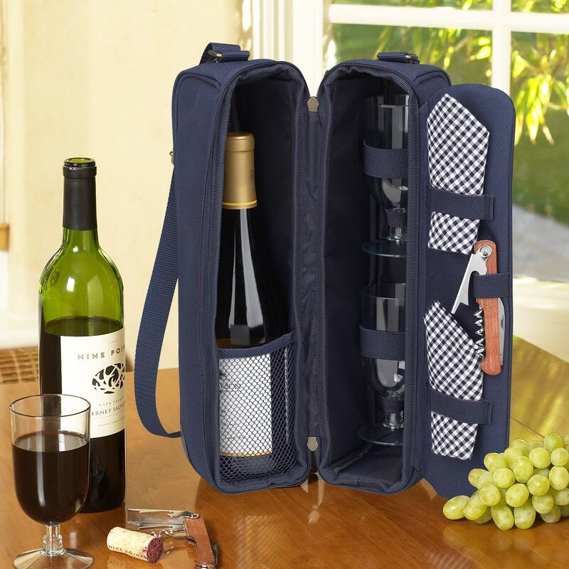 Picnic at Ascot - Insulated Wine Tote with 2 Wine Glasses, Napkins and Corkscrew - Black