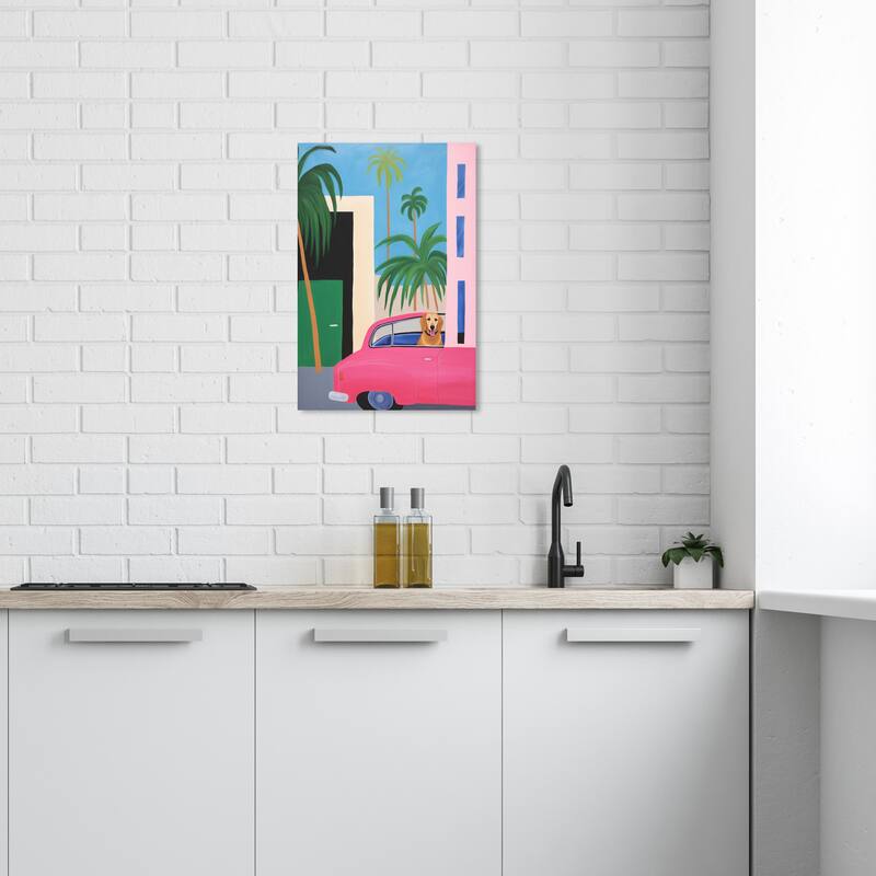 Wynwood Studio Canvas Animals Best Friend in the Car Pink and Nautical & Coastal Wall Art Canvas Print - 24 x 16