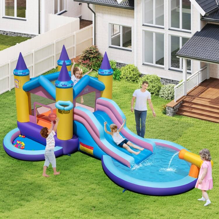 Princess Castle Inflatable Water Park for Kids 7-in-1 Bounce House with Slide, Splash Pool - 197" x 115.5" x 92"