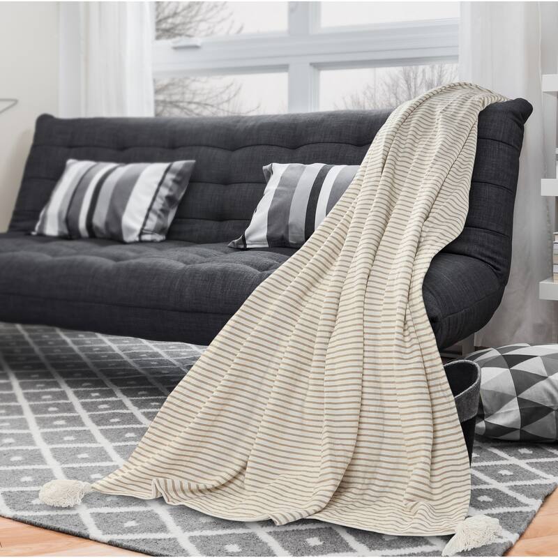 Sevita Gray and Ivory Striped Tasseled Throw Blanket
