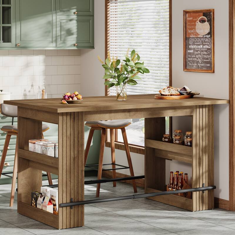 63 Inch Bar Table with Footrest, Bar Height Pub Table, Industrial High Top Kitchen & Dining Counter Tables with Storage Shelves - Rustic Brown