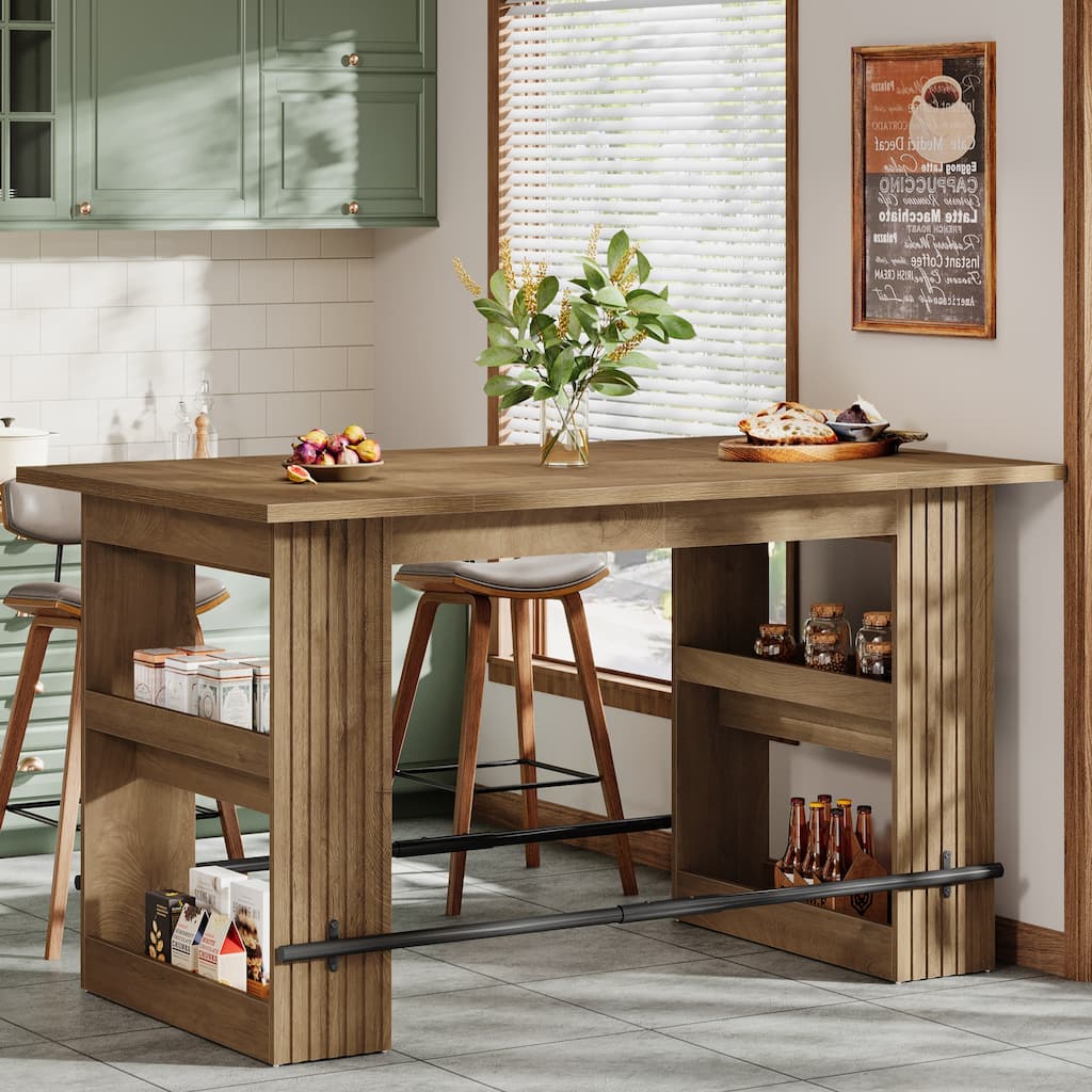 63 Inch Bar Table with Footrest, Bar Height Pub Table, Industrial High Top Kitchen & Dining Counter Tables with Storage Shelves