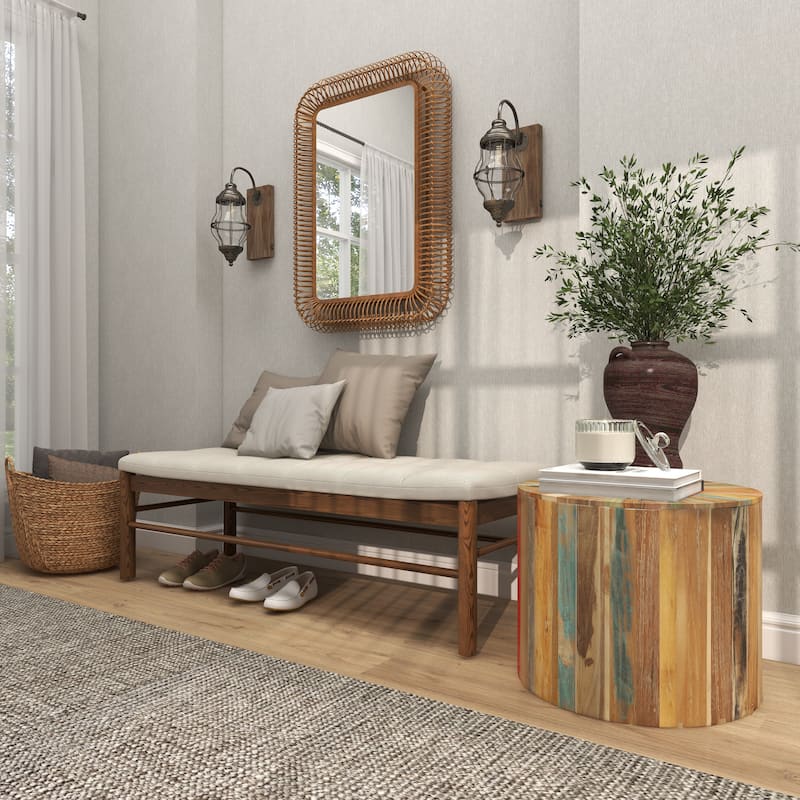 Brown Reclaimed Wood Handmade Pinwheel Drum Geometric Coffee Table with Colorful Painted Accents