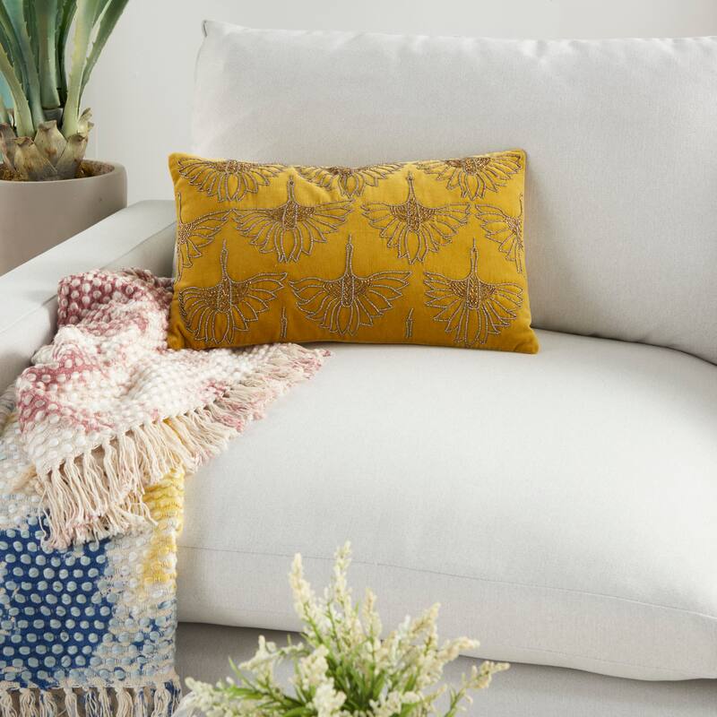 Mina Victory Beaded Flowers Throw Pillow - Gold - 12" x 20"