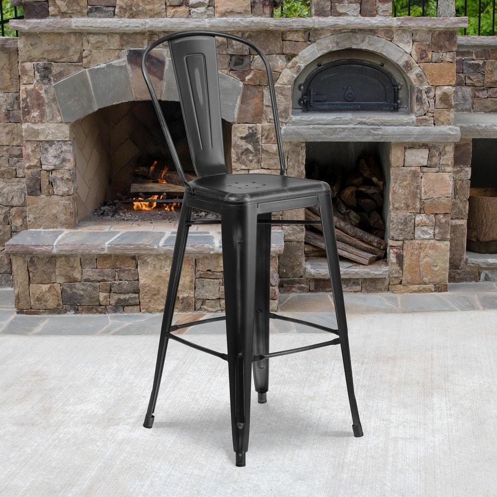 30" High Distressed Metal Indoor-Outdoor Barstool with Back - 18"W x 19"D x 46"H