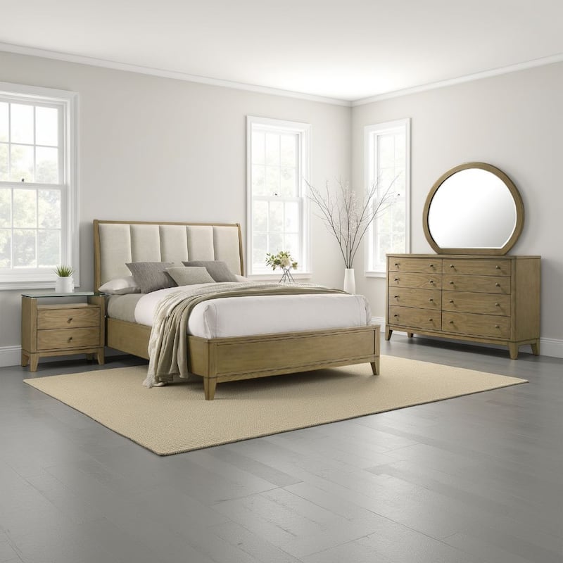 Heon 4pc Queen Bedroom Set, Beige Tufted Headboard, Natural Brown