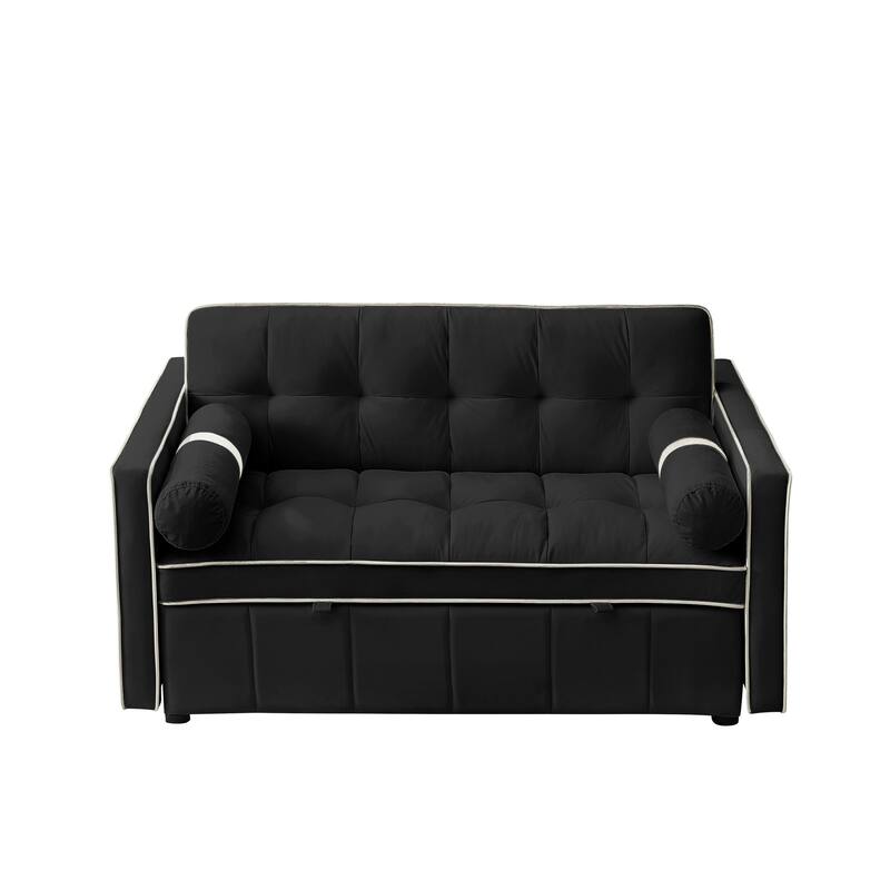 Velvet Pull Out Sleeper Sofa Bed, Adjustable Backrest Upholstered Tufted Couch Futon Sofa with 2 Pillows, Pockets